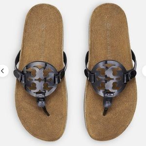 Tory Burch Miller Cloud Patent Leather Cork Thong Sandal Color Black, Size 12